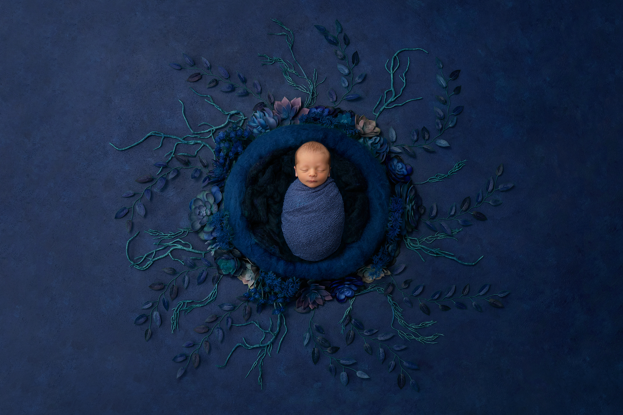 newborn boy in blue wrap in bowl surrounded by leaves and vines