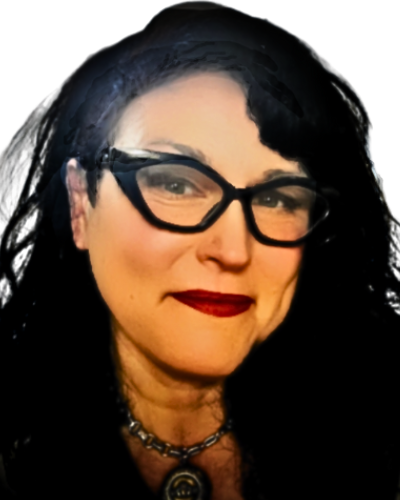 Person with dark hair and red lipstick wearing a chain necklace.