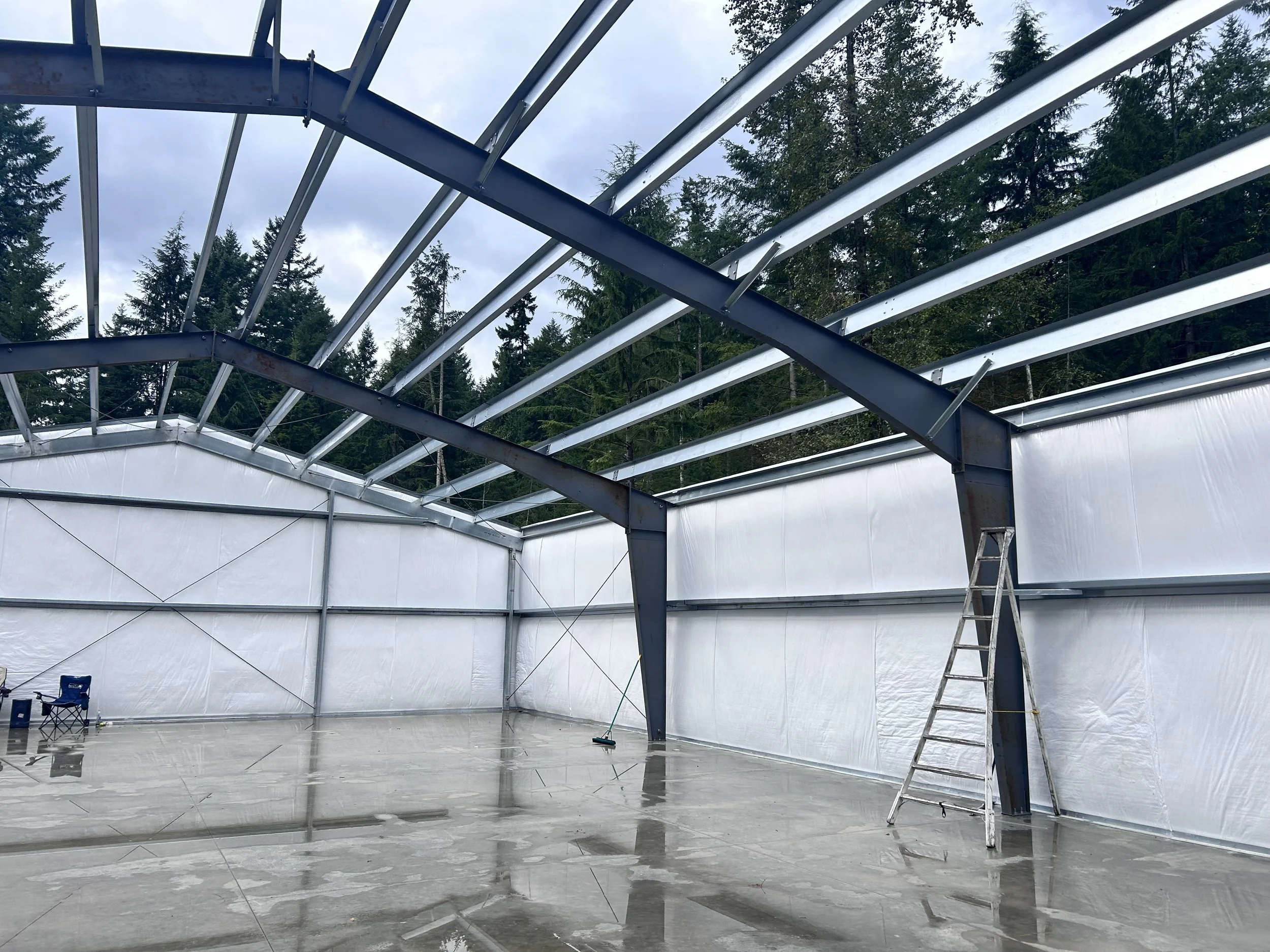 Under construction steel frame structure inside a building, with ladder and cleaning tools, surrounded by trees outside.