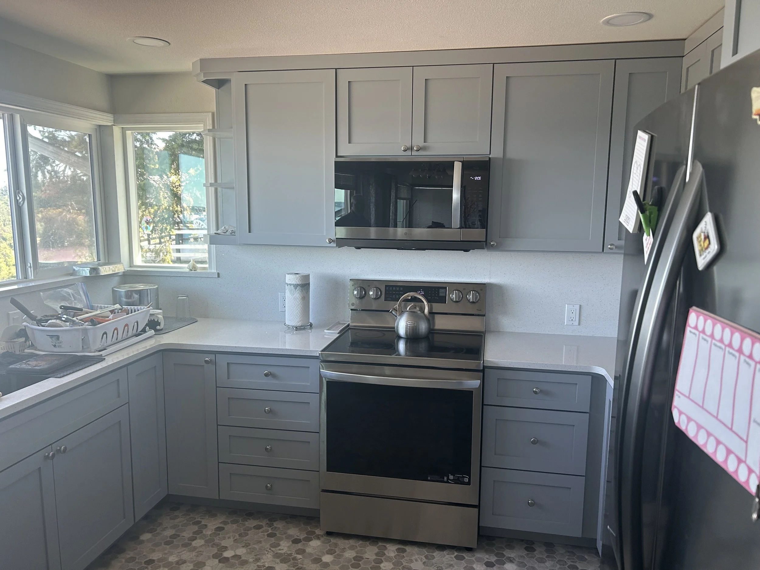 Kitchen with light gray cabinets, stainless steel oven, microwave, and refrigerator, white countertop, window with trees outside, dish rack with dishes, paper towel roll, and various small kitchen items.