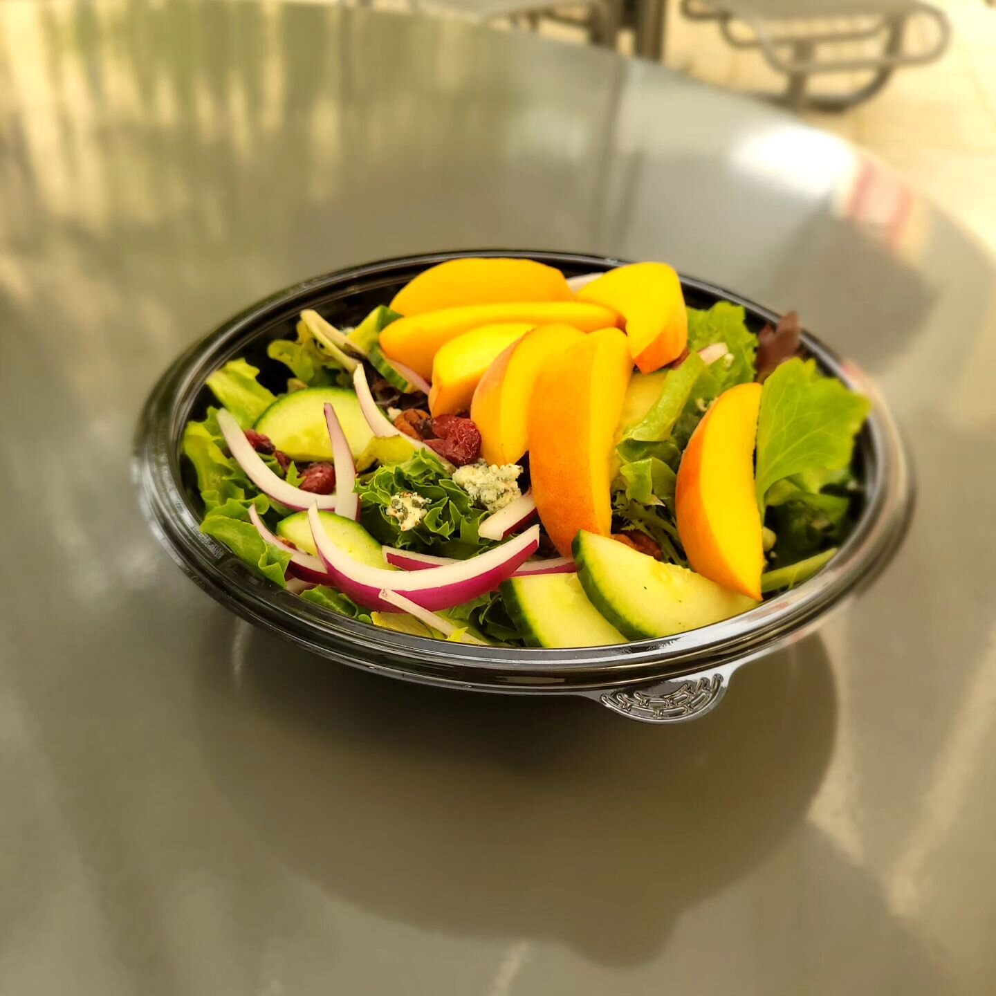 The peaches from the stand at @riverside_rva looked too good to pass up! Special salad this week with those yellow peaches, cucumbers, red onion, blue cheese, candied pecan, and cranberries!