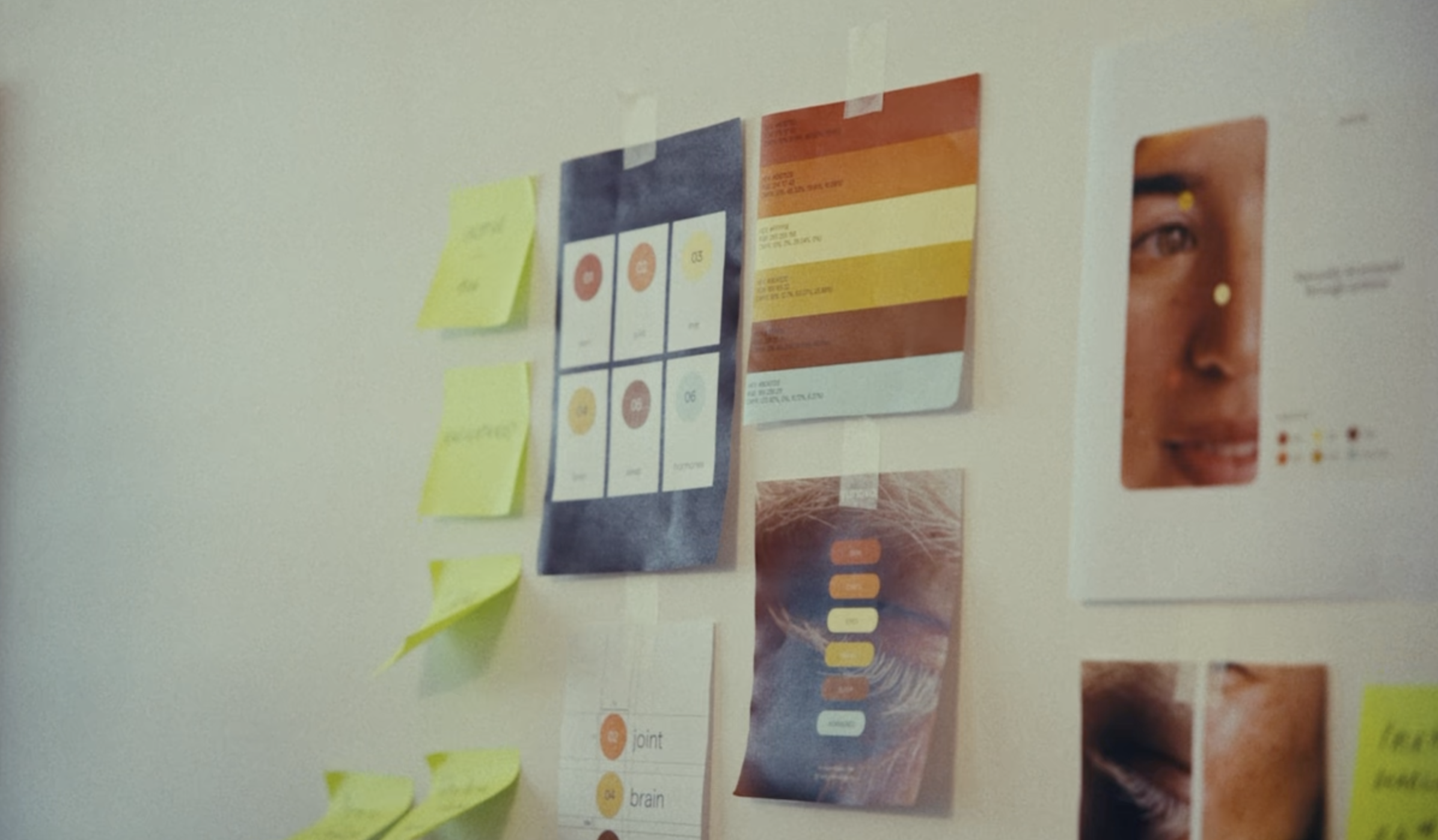 A wall with various colorful sticky notes, charts, diagrams, and photographs, some taped and some pinned, illustrating a project or research.