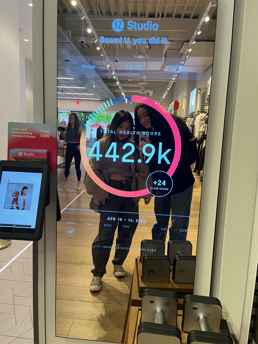 Hadar and a teammate testing a Lululemon smart mirror