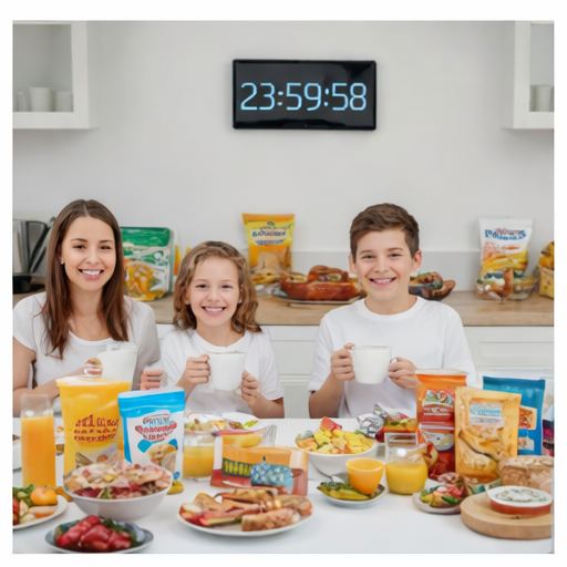 Three children smiling at a breakfast table with various cereals, fruits, and breakfast foods, in a kitchen with a digital clock showing 23:59:58. In celebration of Yom Kosher, a 24-hour Kosher commitment for World Kosher Day.
