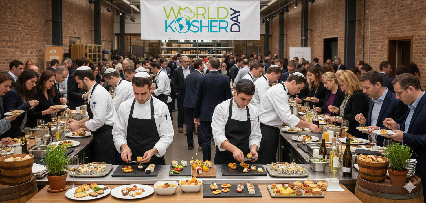 Chefs preparing sushi and appetizers at a catering event for World Kosher Day in a spacious indoor venue with a large banner overhead.