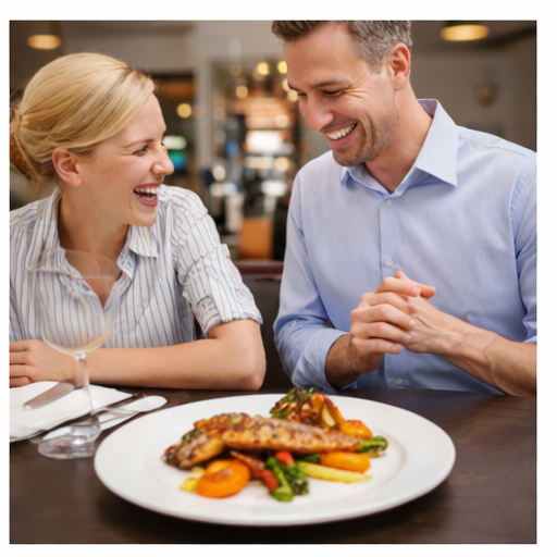 A woman and a man smiling and enjoying a conversation at a restaurant table with a plated dish of meat and vegetables in honor of World Kosher Day.