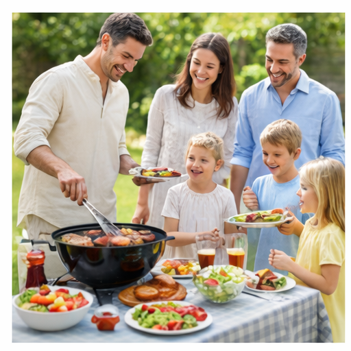 Family enjoying a World Kosher Day backyard barbecue with kids and adults around a table with food.