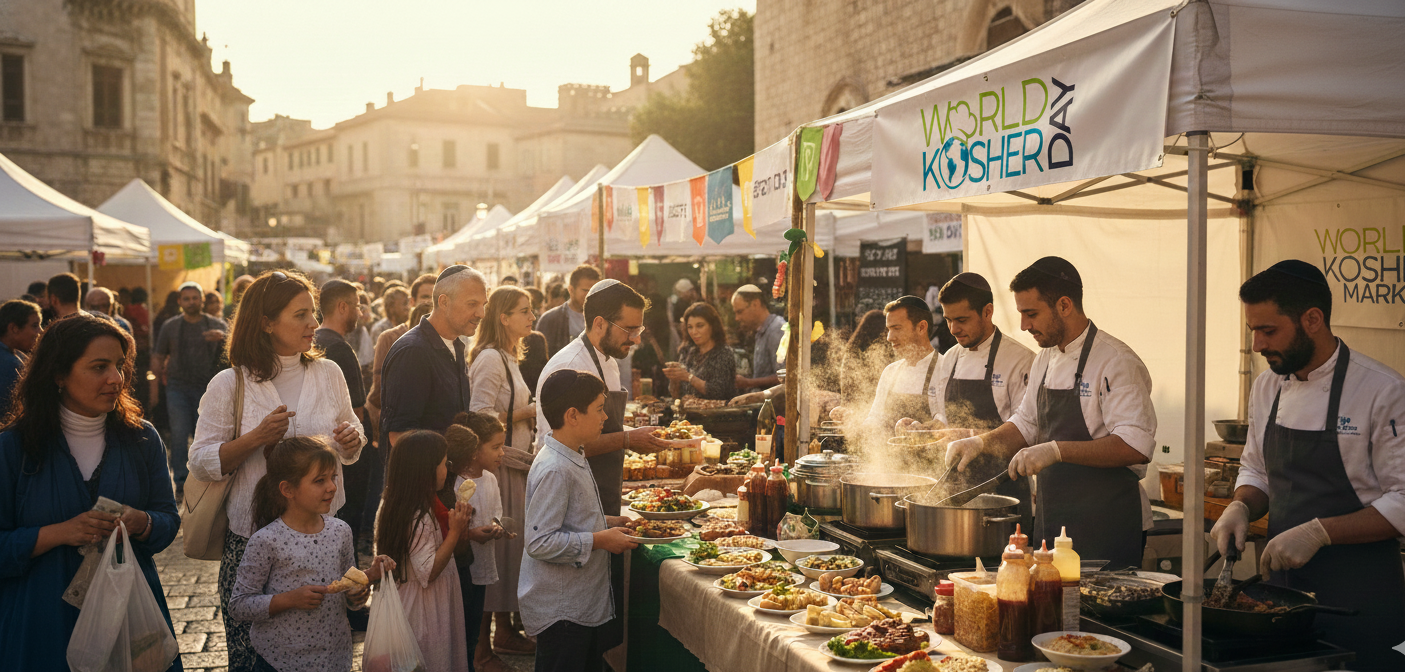 People attending a World Kosher Day food market with food stalls, some of which are cooking and serving food. The crowd includes adults and children, and the scene is outdoors with tents, taken at sunset.