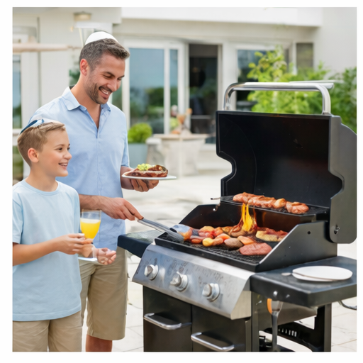 A man and young boy are celebrating World Kosher Day by grilling food outdoors on a barbecue, with the man placing a plate of food on the grill while the boy holds a glass of orange juice and smiles.