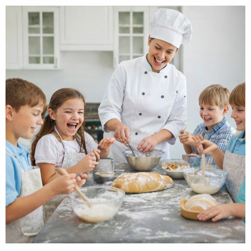 A smiling chef teaching children to make bread in a kitchen with baking ingredients and dough in honor of World Kosher Day.