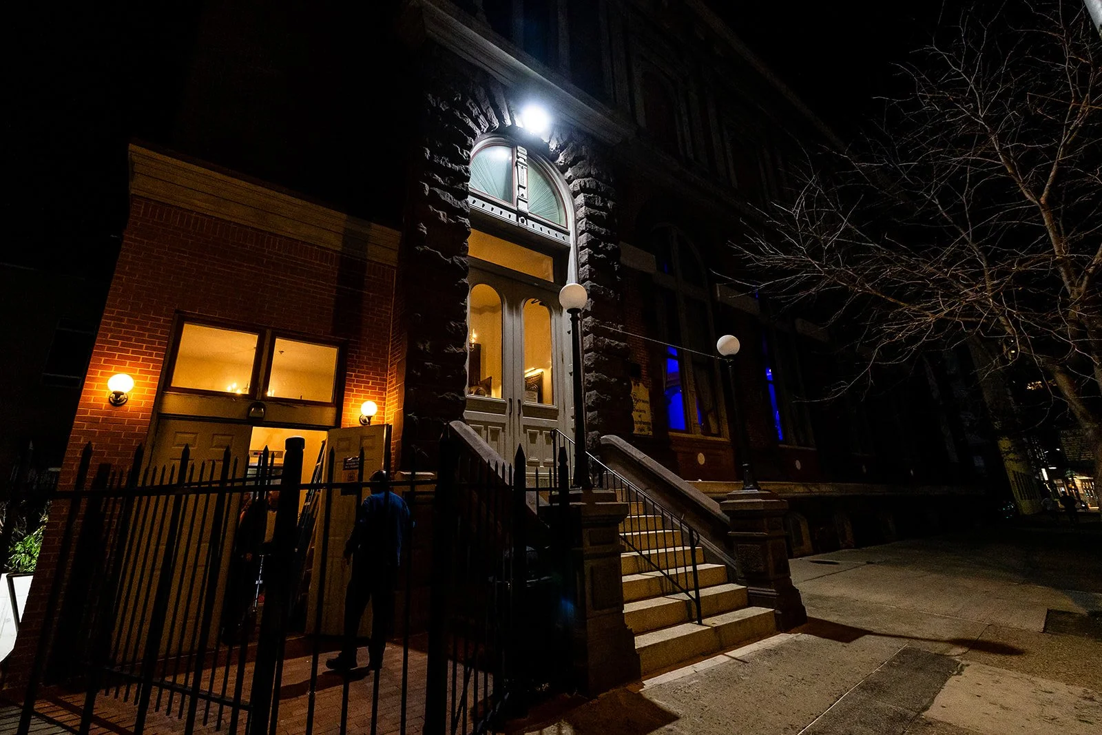 A view of the German Society of PA building at night