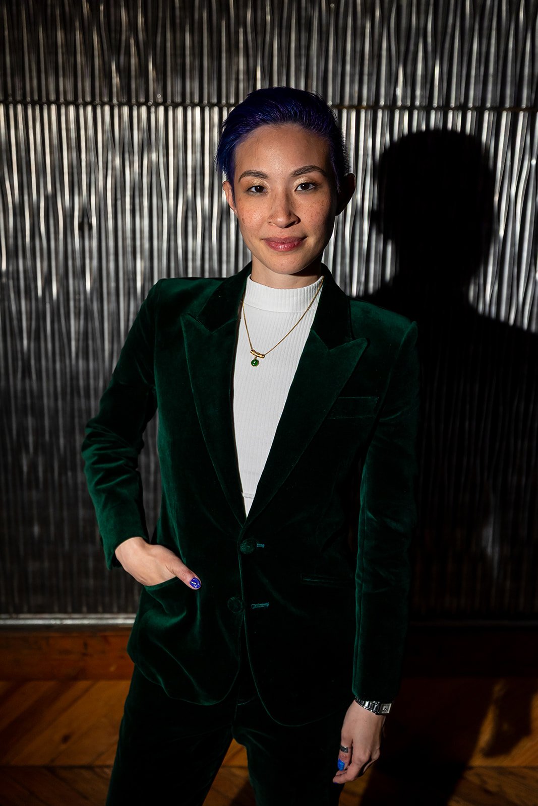Green velvet suit from Bindle and Keep