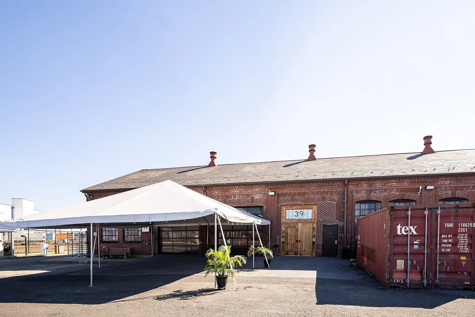 An outside view of BLDG39 with the seasonal tent set up
