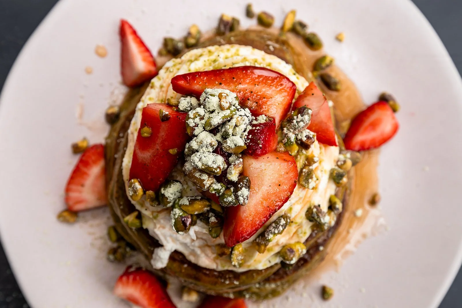 A close up image from the top of a pistachio pancake from Cafe Lift in Haddonfield NJ