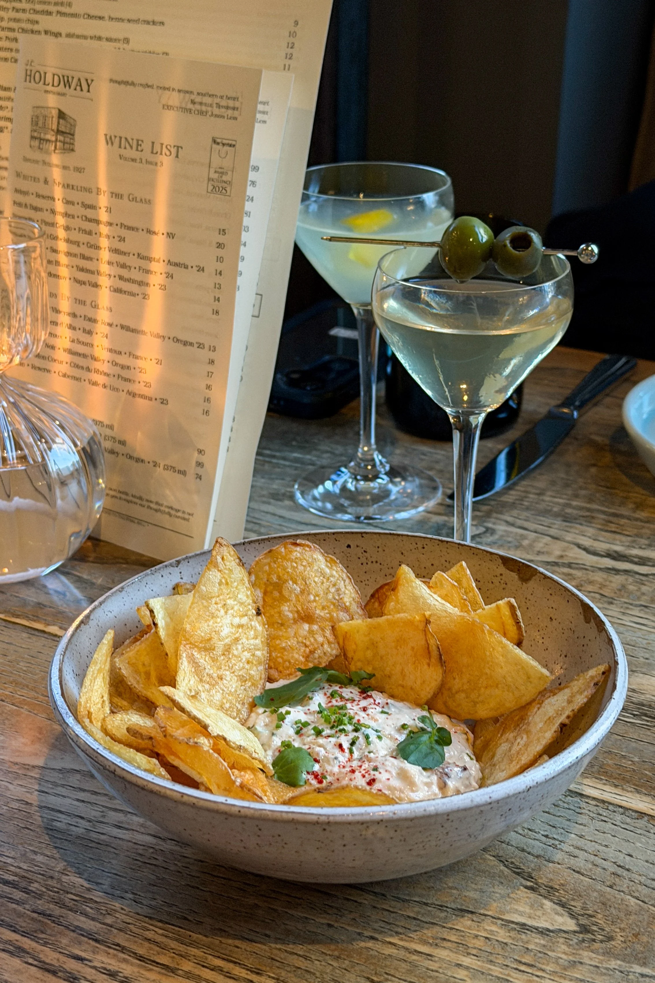 The Smoked Fish Dip at J.C. Holdway in Knoxville, served with a fan of house-made potato chips