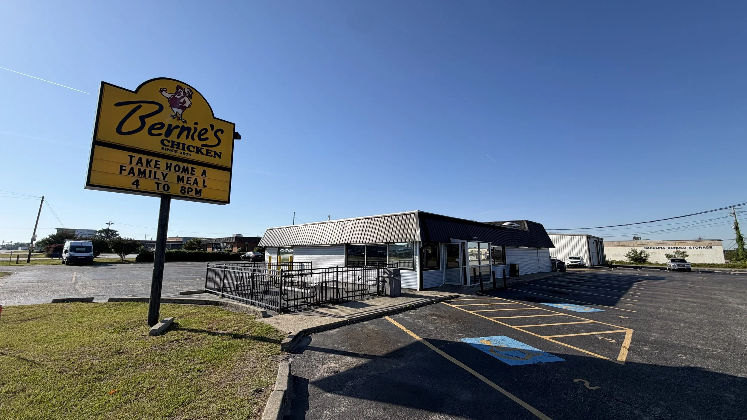 Exterior sign and building at Bernie's Chicken in Columbia, SC, open since 1979