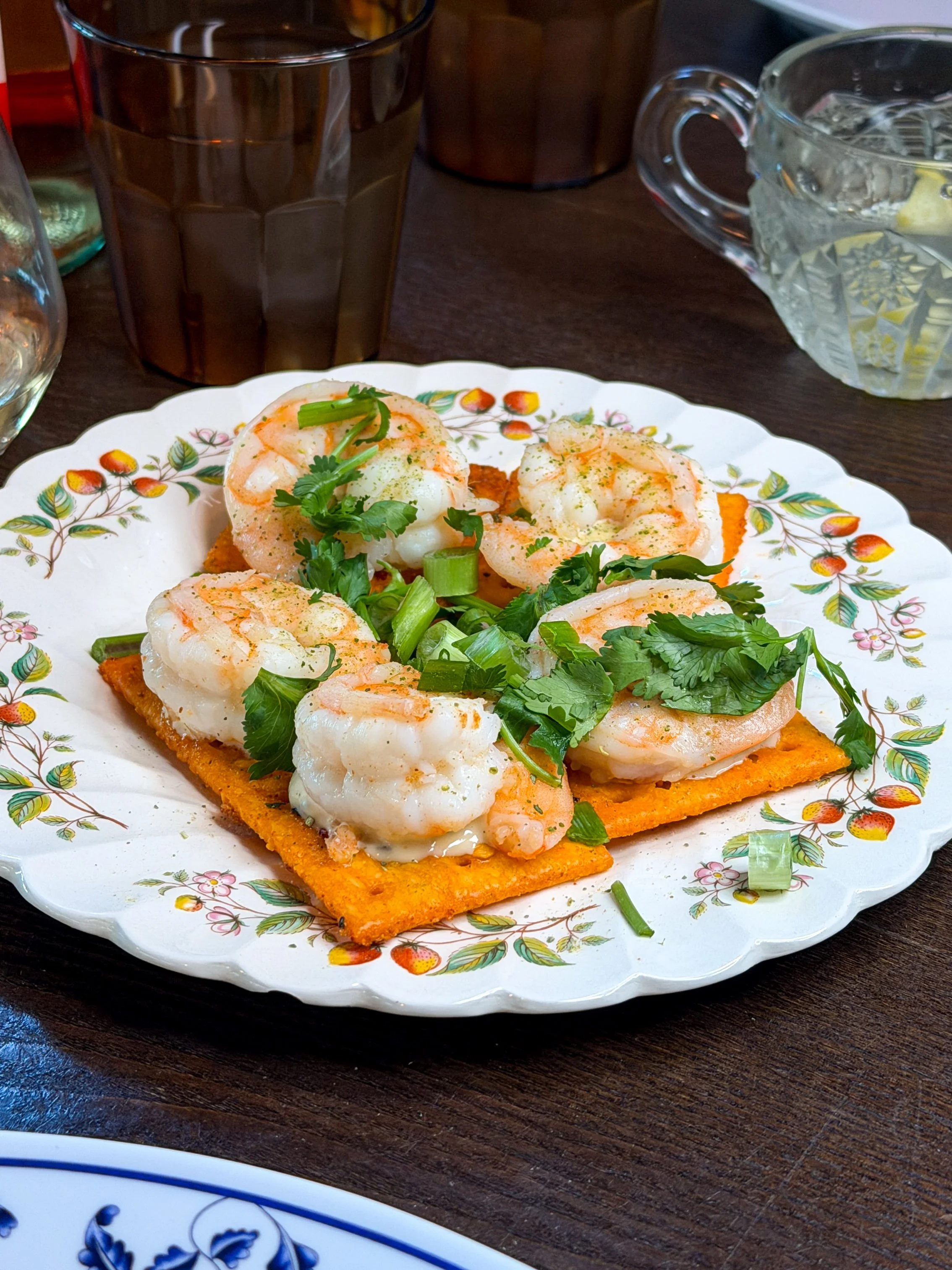 Fire Cracker Shrimp on firecracker saltines with lemon pepper aioli at Little Secret