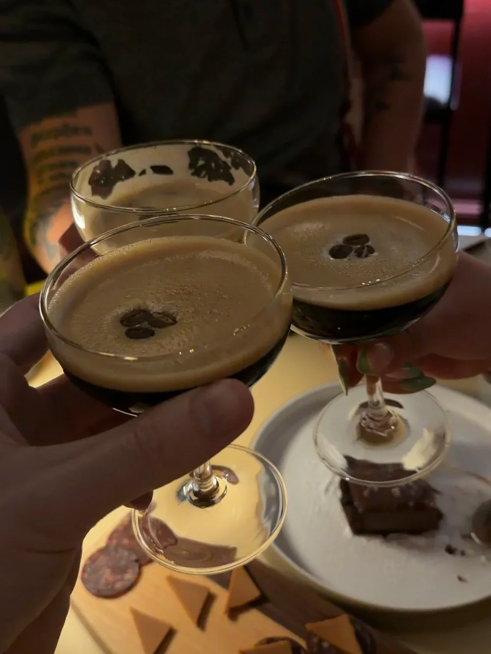 Espresso Martinis toasted together with chocolate tart at Lula Drake Wine Parlour