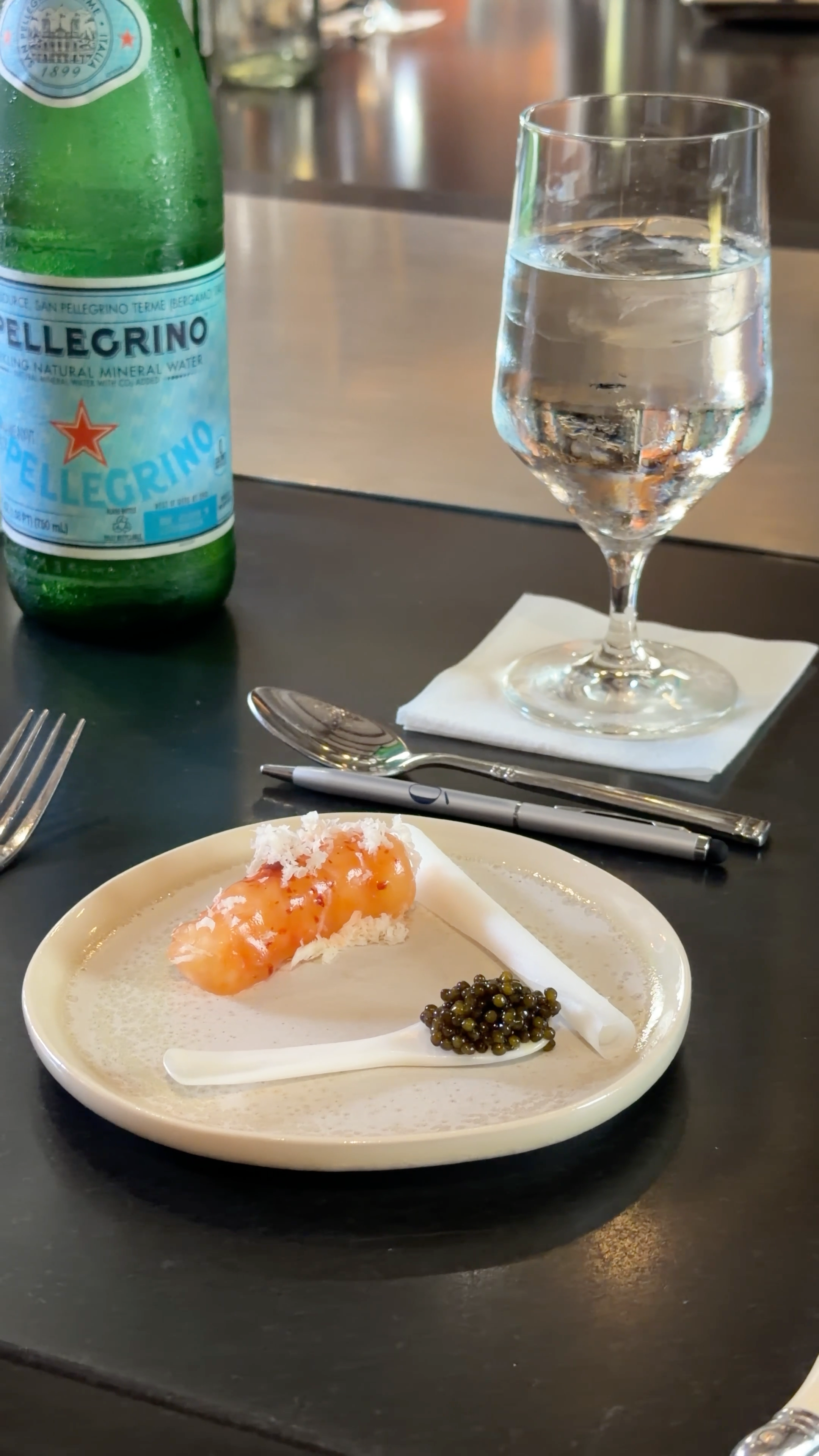 Argentinian red prawn amuse-bouche with caviar at Zero George's cooking class in Charleston