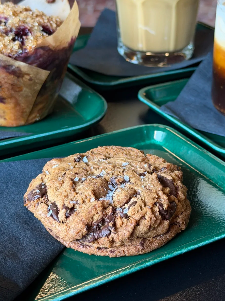 Brown butter chocolate chip cookie with flaky salt at Godspeed Coffee