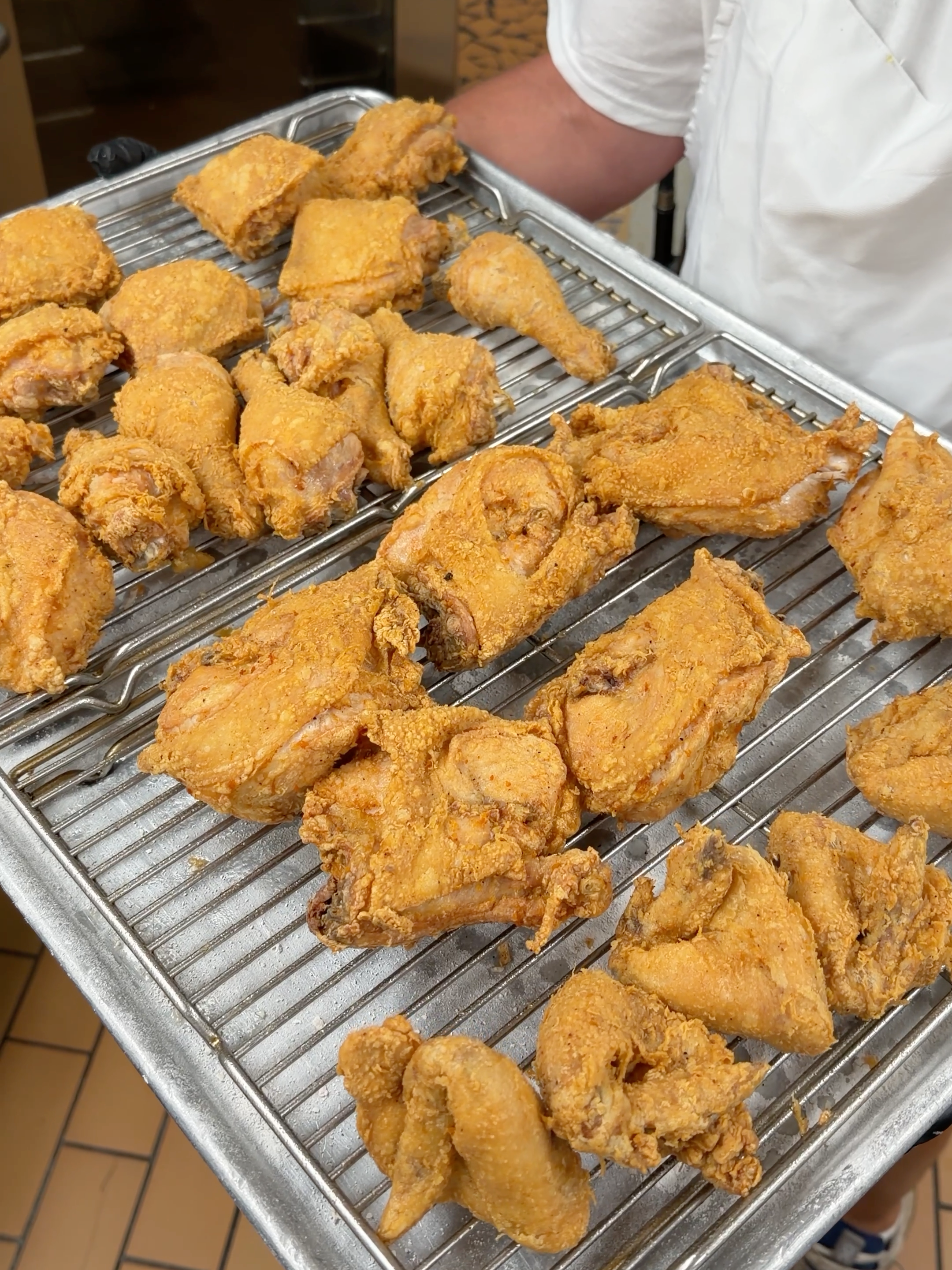 Tray of golden broasted chicken at Bernie's Chicken in Columbia, SC
