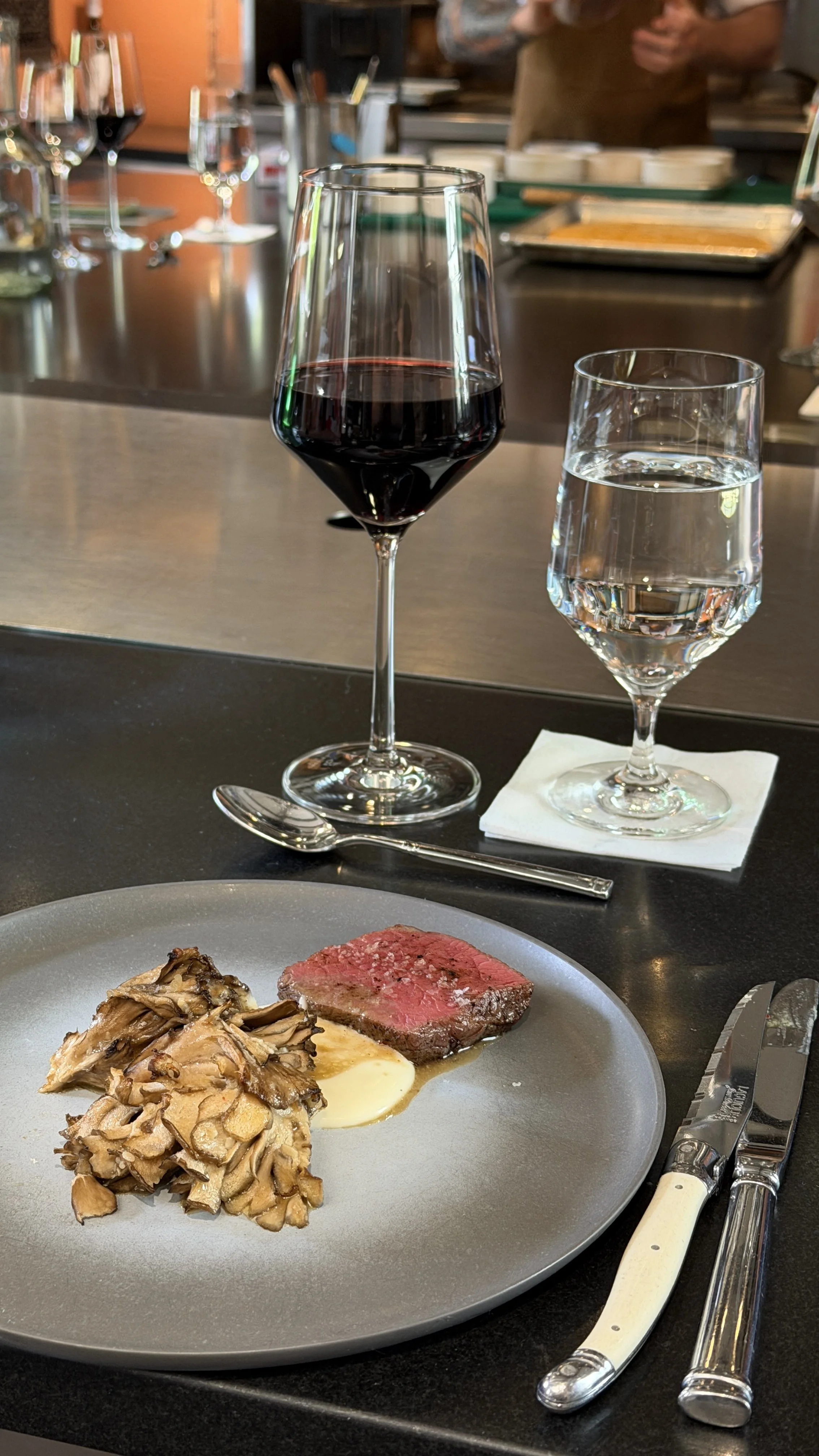 Australian Wagyu with taleggio and sautéed maitake mushrooms at Zero George's cooking class