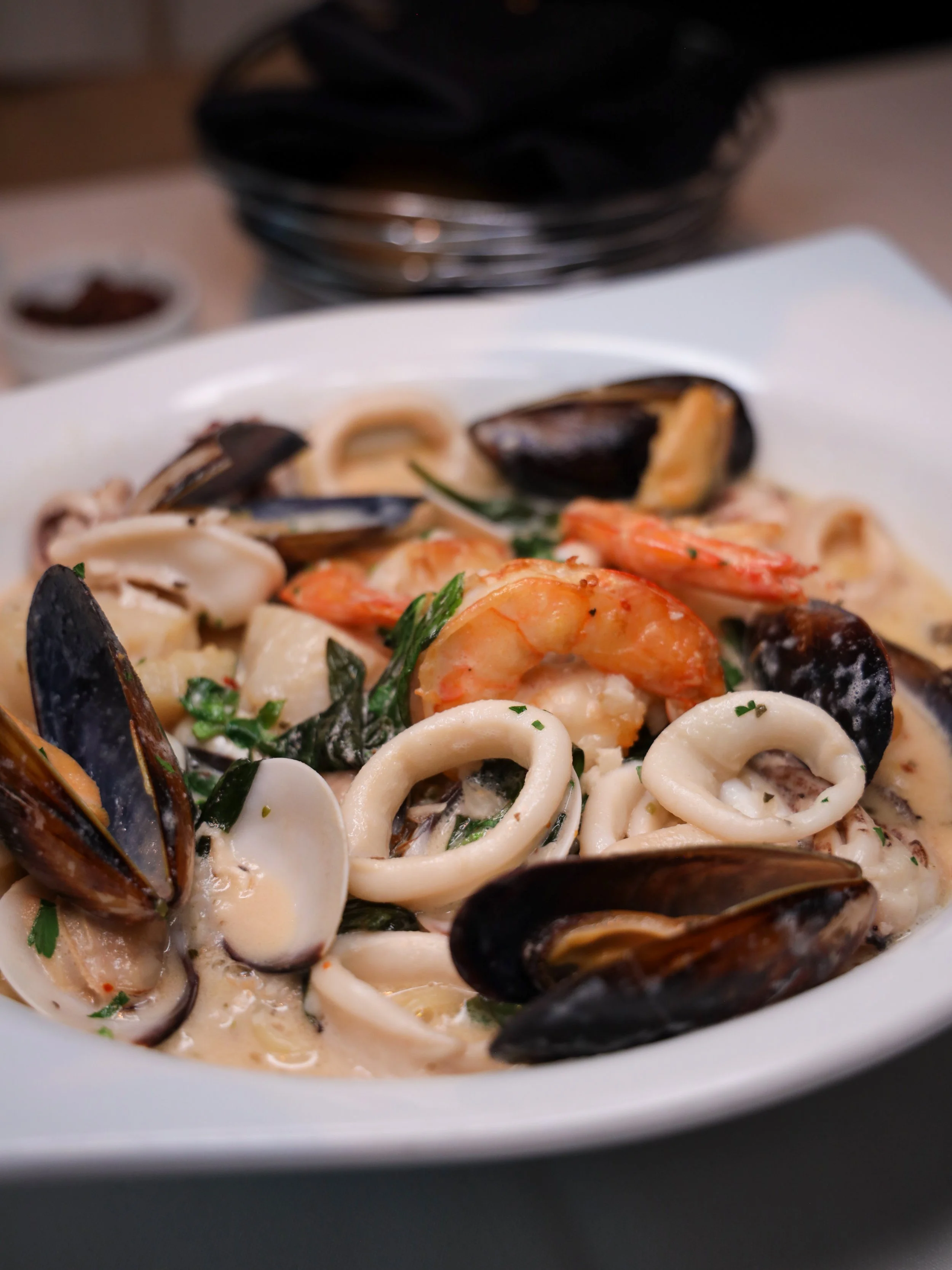 The Linguine Pescatore at Ristorante Paoletti, with scallops, shrimp, calamari, mussels, and clams in a white wine sauce.