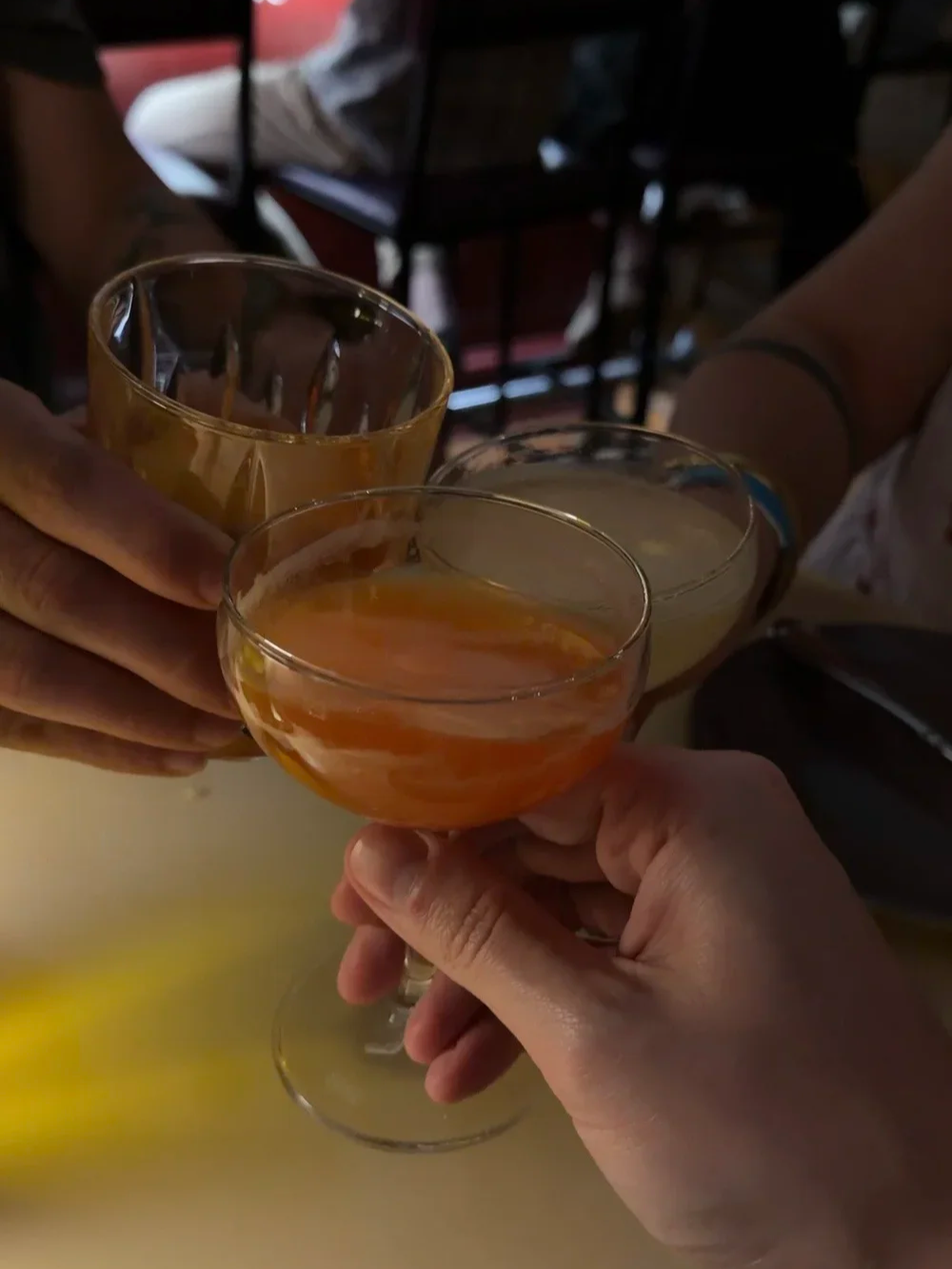 Paper Plane cocktail toasted with other drinks at Lula Drake Wine Parlour