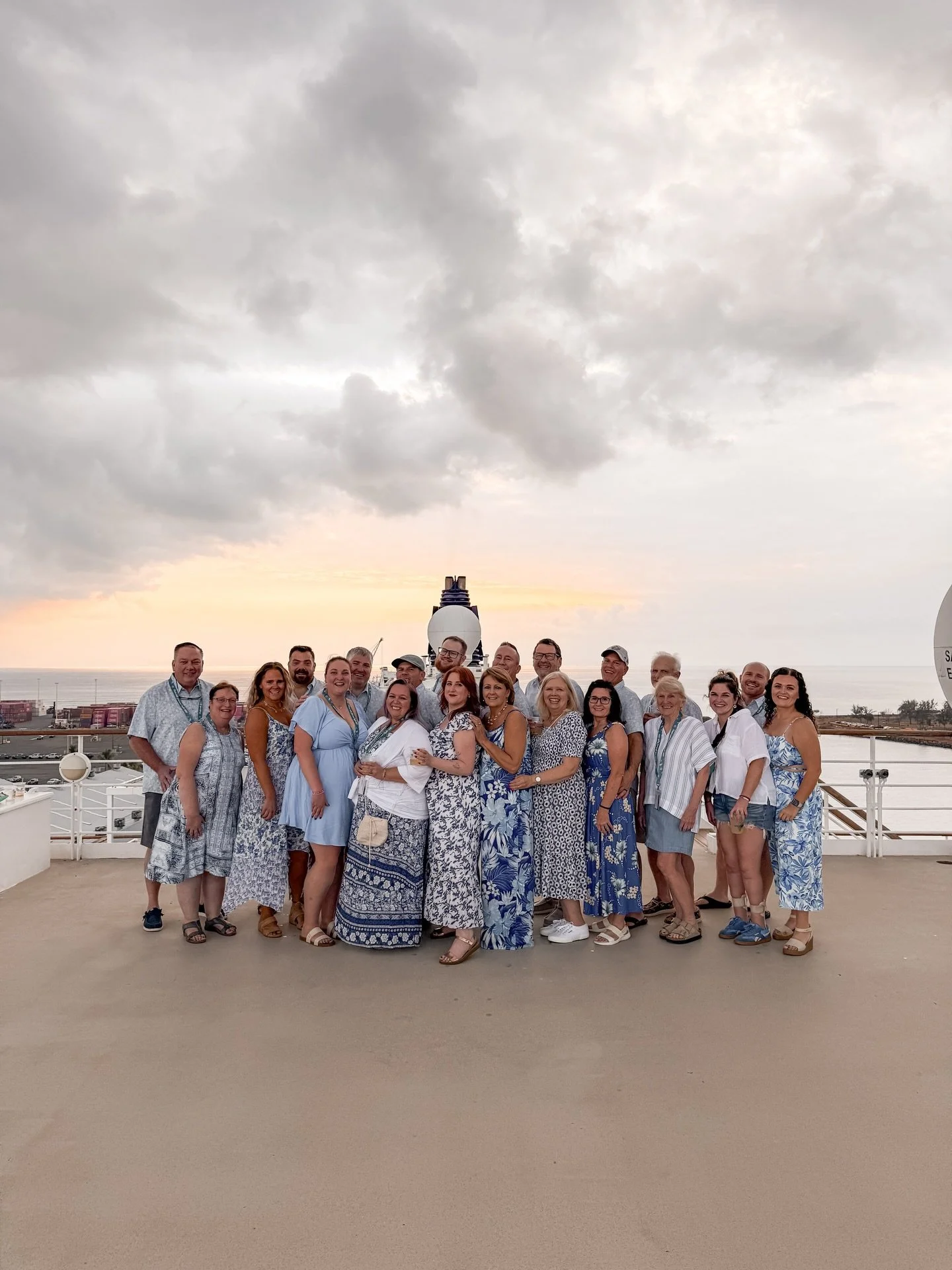 2025 Travel with Josh &amp; Taylor Group Cruise Crew 🩵

We somehow coordinated and got all of the guys to wear the same shirt for our embarkation day group pic! It was so funny when they all started realizing they had the same shirt on when showing 