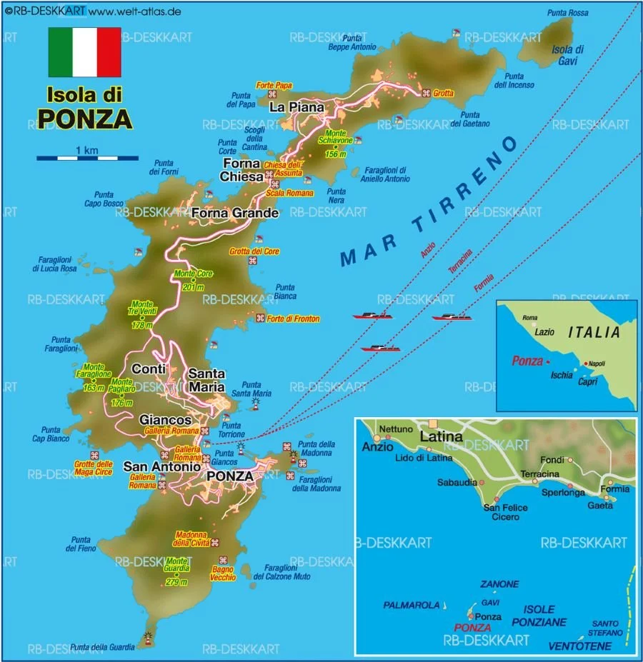 map of Ponza island, Lazio