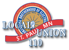 Logo for Local 110, Brotherhood of Electrical Workers in St. Paul, Minnesota, featuring a blue circle with a torch symbol and red banner.