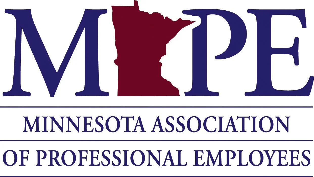 Logo of the Minnesota Association of Professional Employees, featuring the word 'MPE' with a red Minnesota state outline replacing the 'P', and the full name of the organization below.
