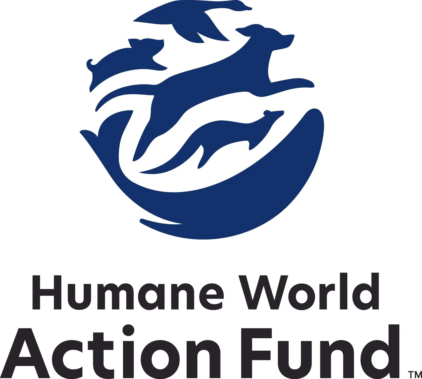 Blue logo of a circle with stylized dolphins jumping inside, with the text 'Humane World Action Fund' below.