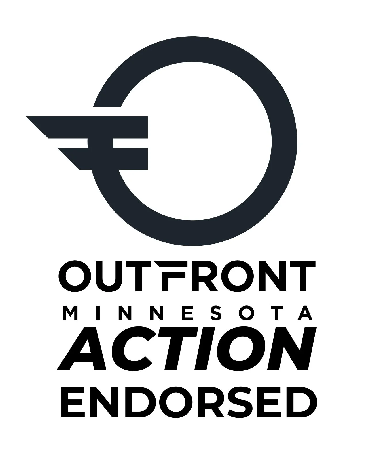 Black logo with a large circle and a stylized forward arrow with lines, resembling a fast-moving coin, above the text 'OUTFRONT MINNESOTA ACTION ENDORSED'.