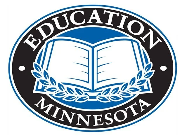 Logo with the words "Education Minnesota" surrounding an open book and laurel leaves.