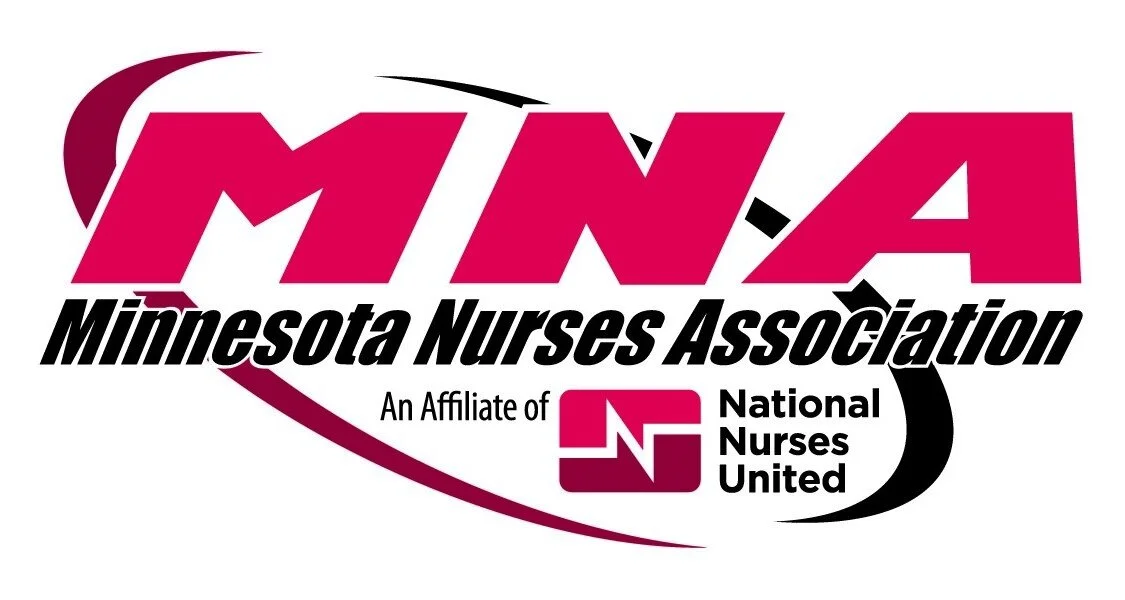 Logo of Minnesota Nurses Association with text and graphics, including a stylized depiction of a nurse's stethoscope and the National Nurses United emblem.