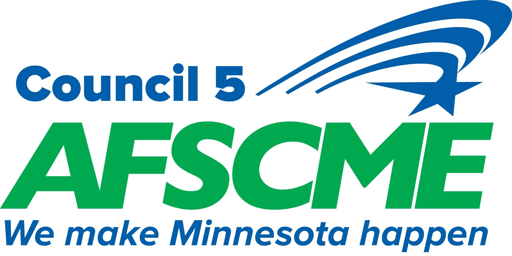 Logo for Council 5 AFCME with a blue and white star and swoosh, green and blue text that reads 'Council 5 AFCME' and underneath 'We make Minnesota happen'.