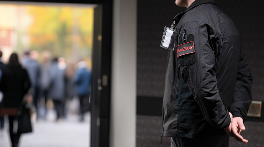 WEKA Security guard standing with hands behind back outside a building, with a blurred crowd in the background.