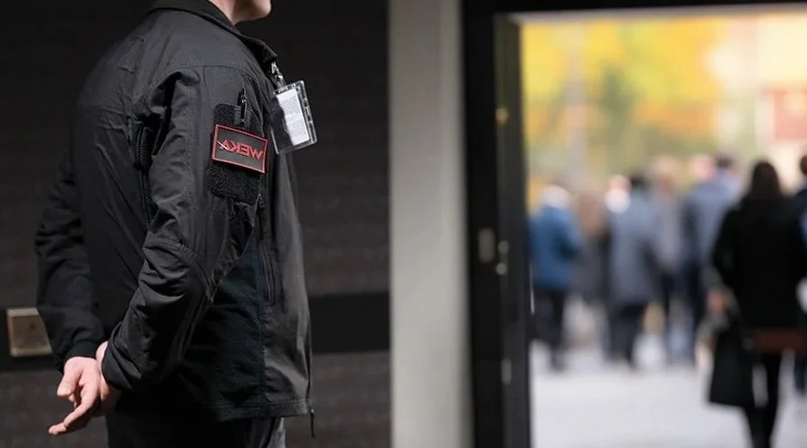 WEKA Security officer standing at doorway, with a crowd outside in the background.