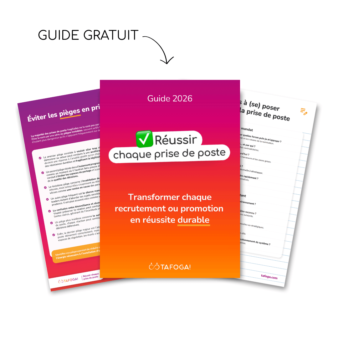Guide 'Réussir chaque prise de poste' avec fond de dégradé rouge et orange, avec deux autres documents en arrière-plan.