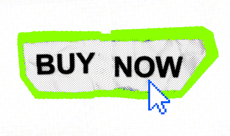 Digital 'Buy Now' button with green outline and blue cursor arrow.