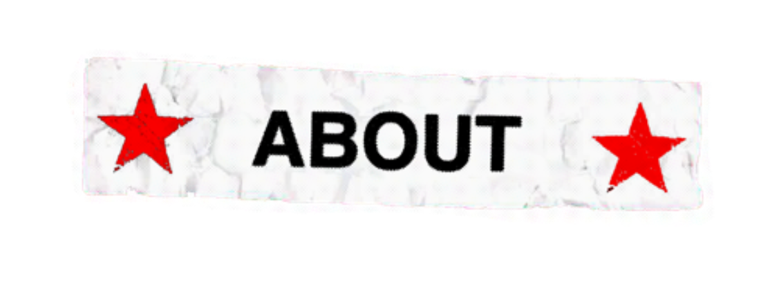 A crumpled piece of white paper with the word 'ABOUT' in bold black letters, flanked by red stars on both sides, on a black background.