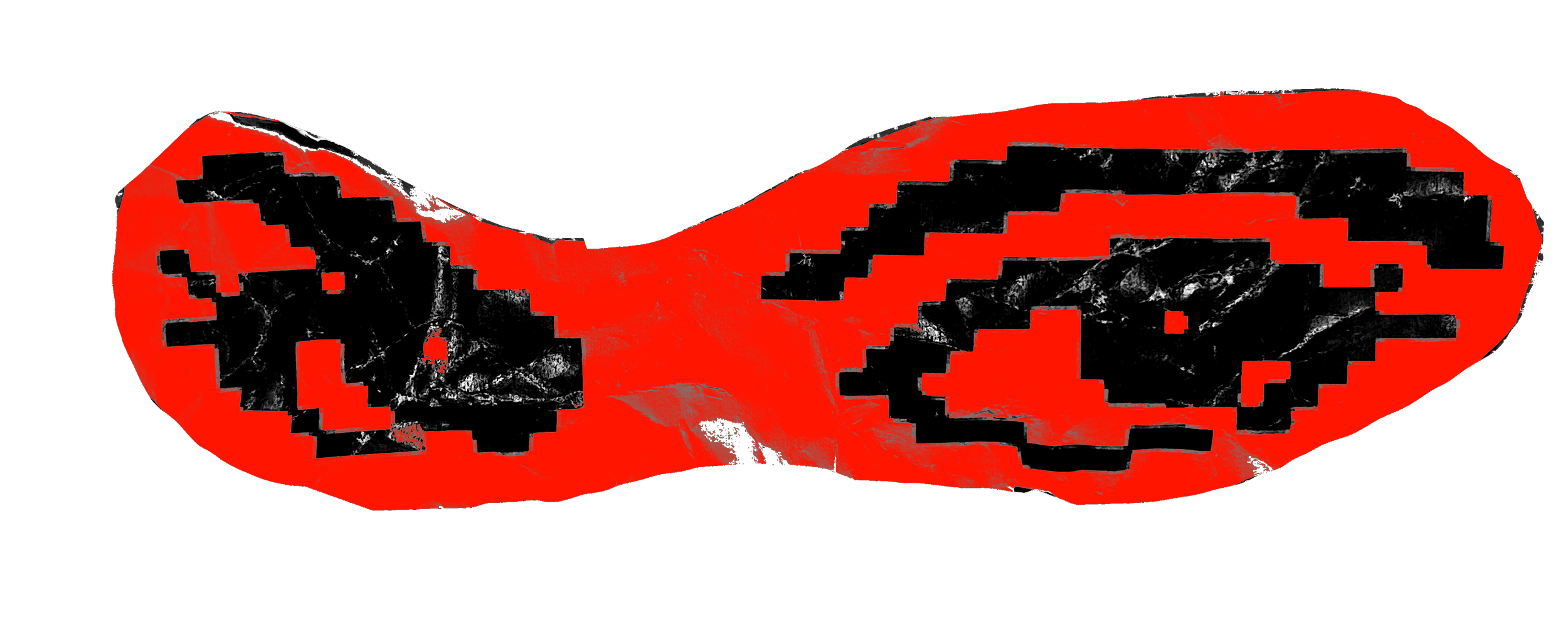 Pixelated image of a red and black abstract shape resembling a stylized face or mask with a dark background.