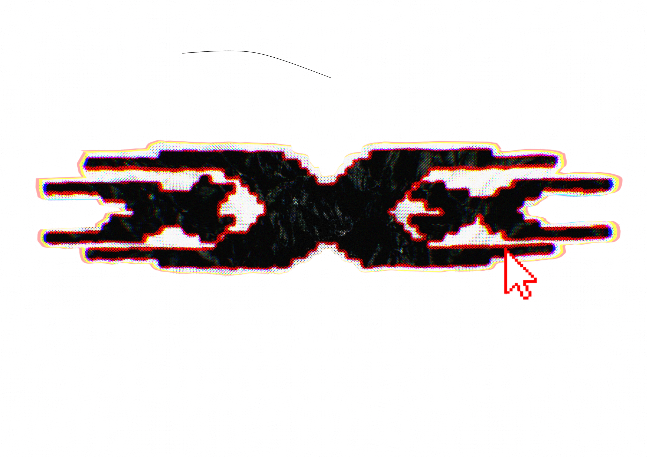 A high contrast, stylized image of a butterfly with a glitchy, digital effect. The butterfly's wings are mostly black with white and colored outline details against a black background.