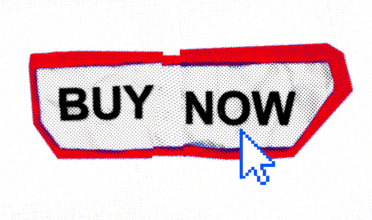 A red arrow-shaped button with a white background and black text that says "BUY NOW" and a blue cursor pointing at it.