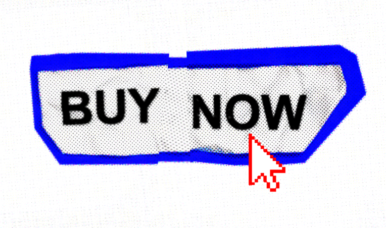 Digital buy now button with red cursor arrow pointing to it.