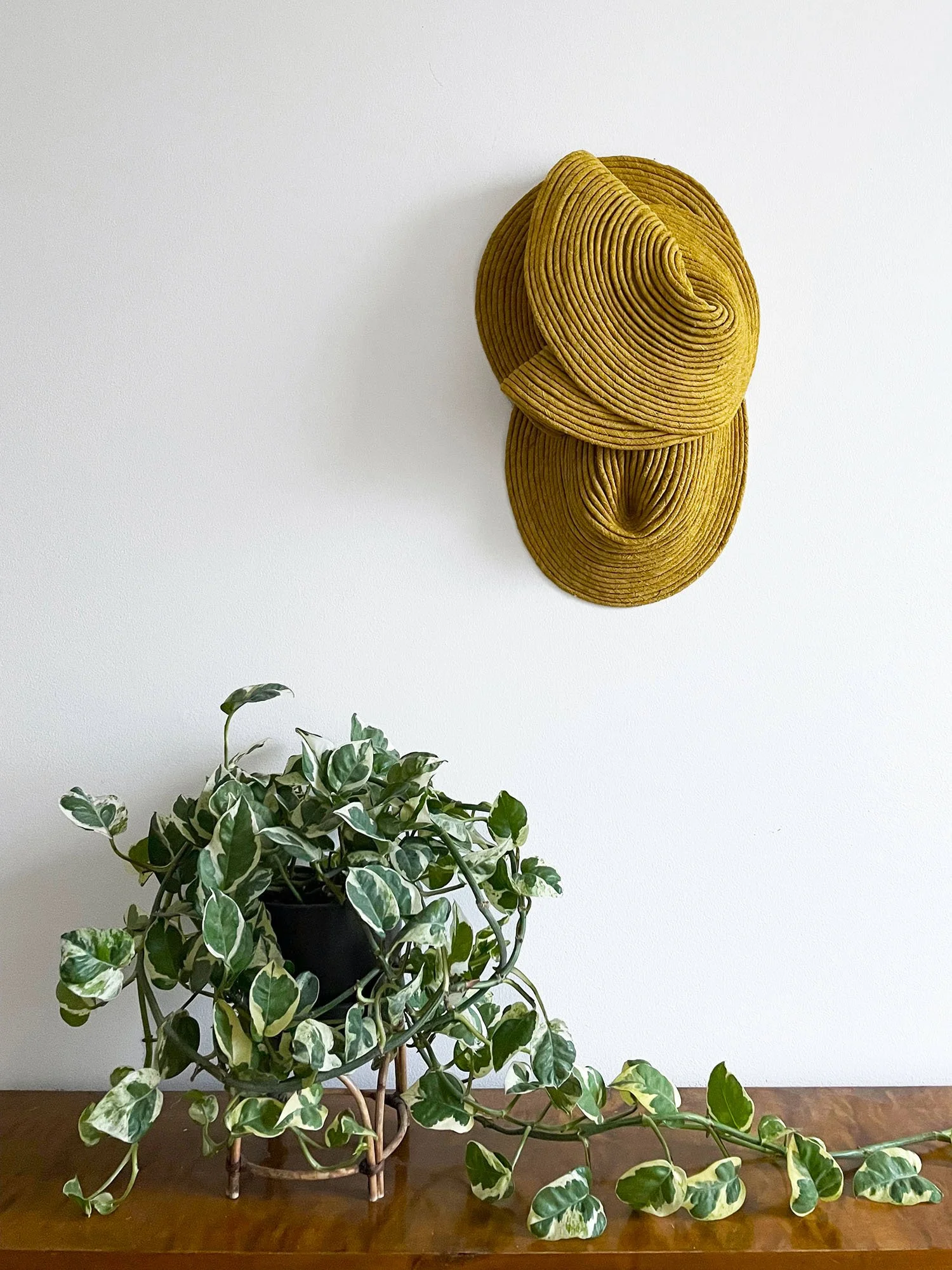 Hayfield, 2023. 46x30x14cm. Hand dyed wild silk & recycled cotton cord. Part of Finnish State Art Collection.