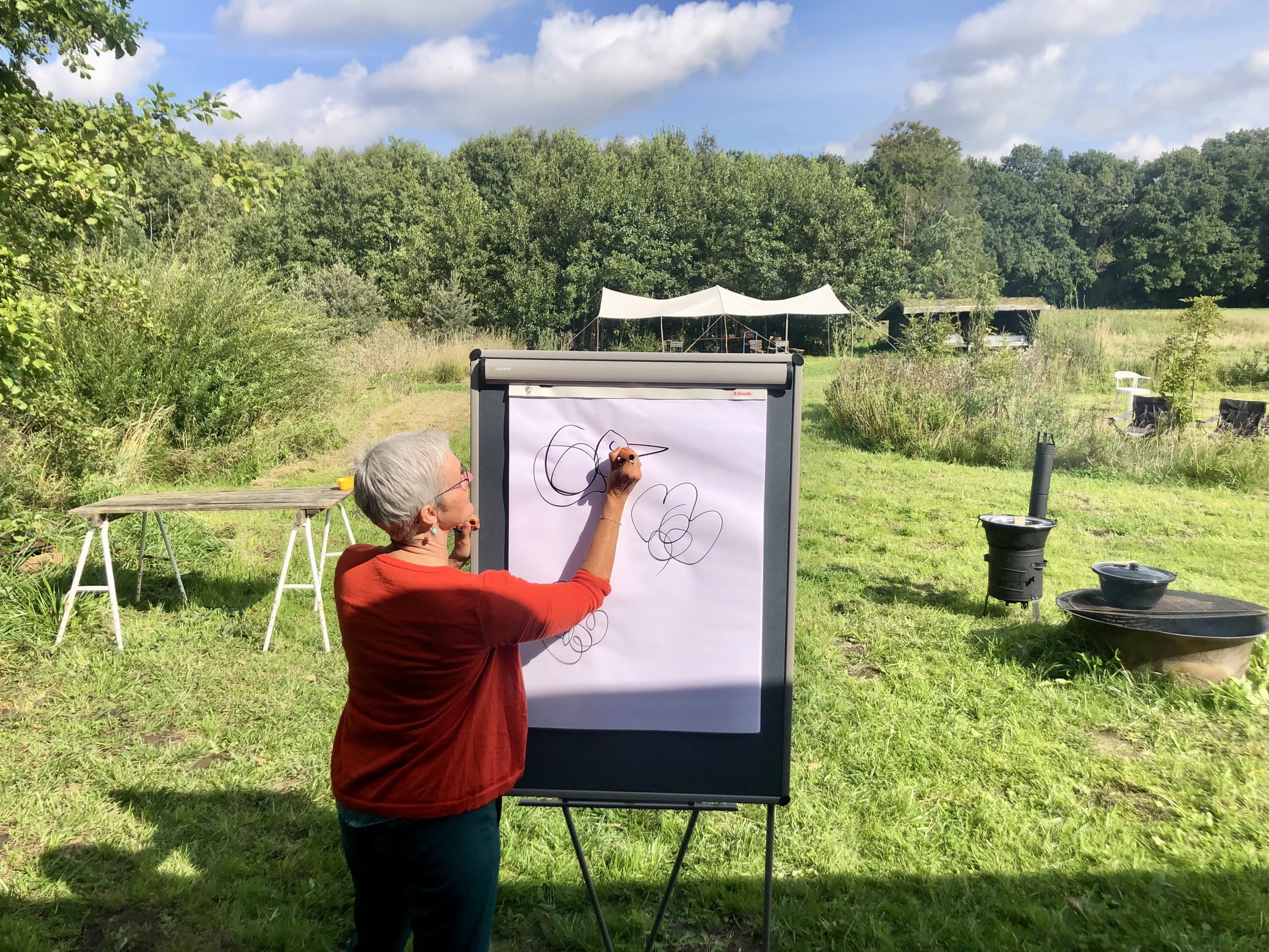 Ia Brix Ohmann, der tegner på et flipchart udendørs i et grønt landskab med træer i baggrunden.
