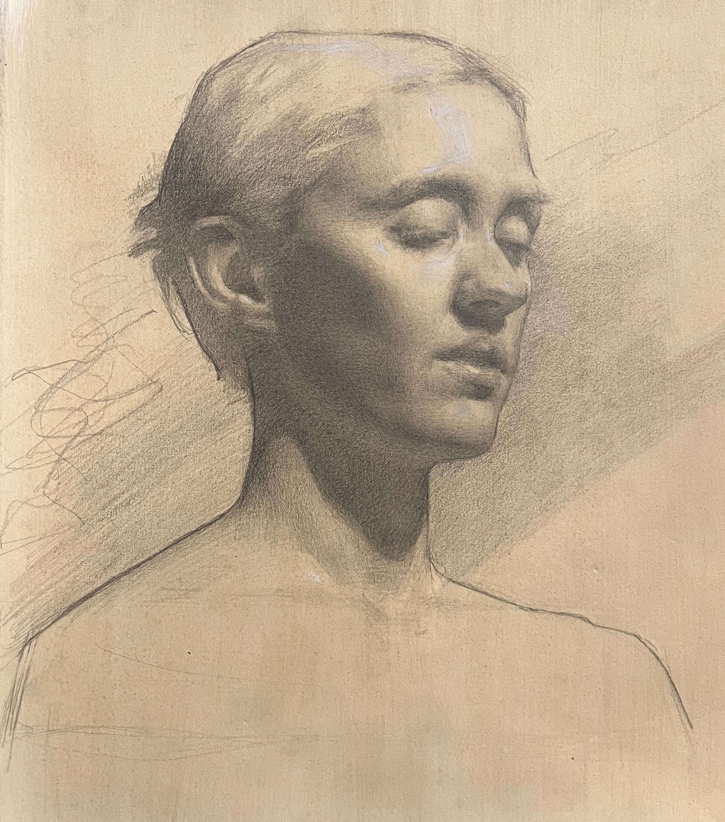 Gaby Nighan. "Sketch of Liz." 2026. Graphite on Hand-Toned Paper. 10" x 10".