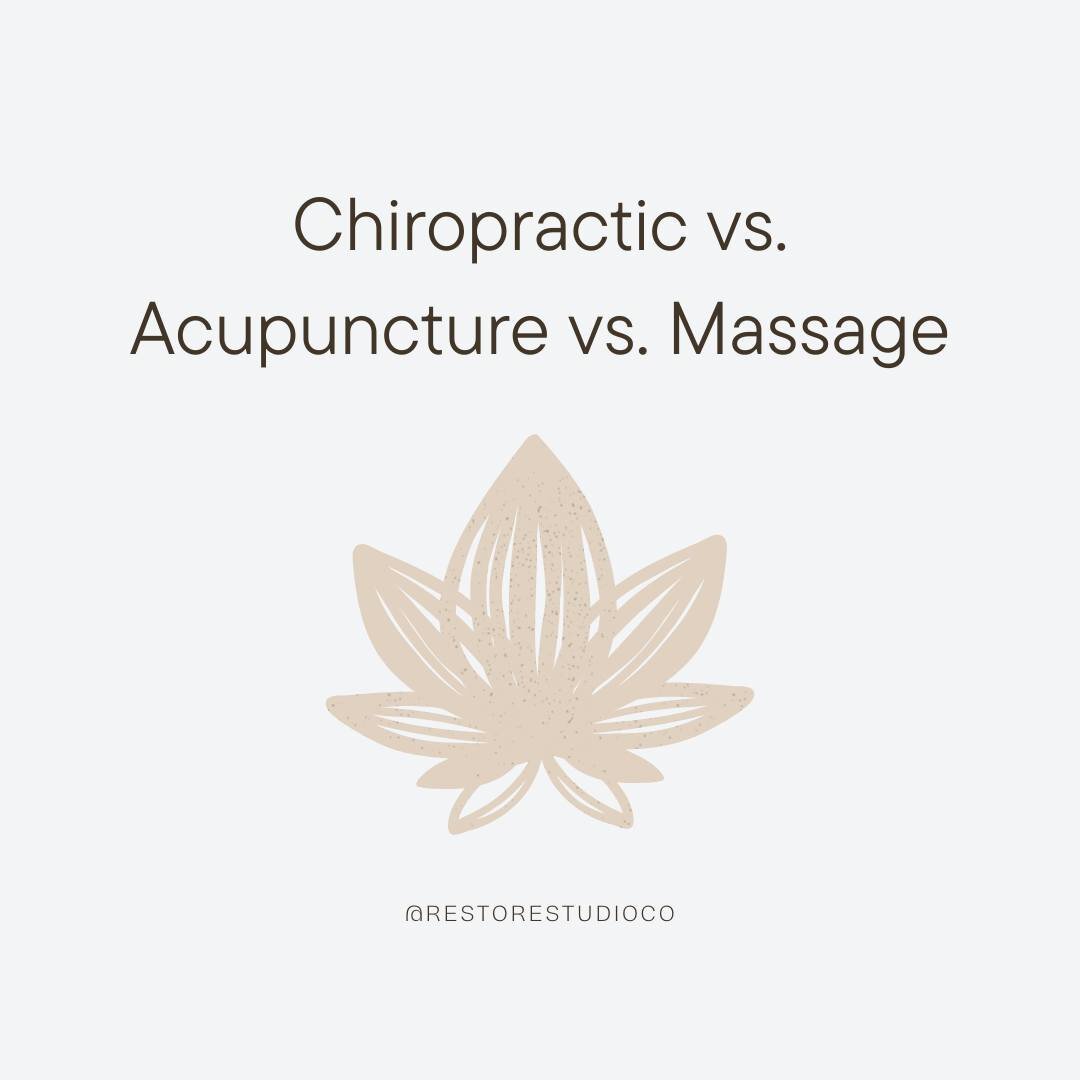 Let's talk chiropractic vs. acupuncture vs. massage! 

All three options are very suitable options to help you on your health journey - but what are the differences between them and when are they the most appropriate option? 

The list of benefits th